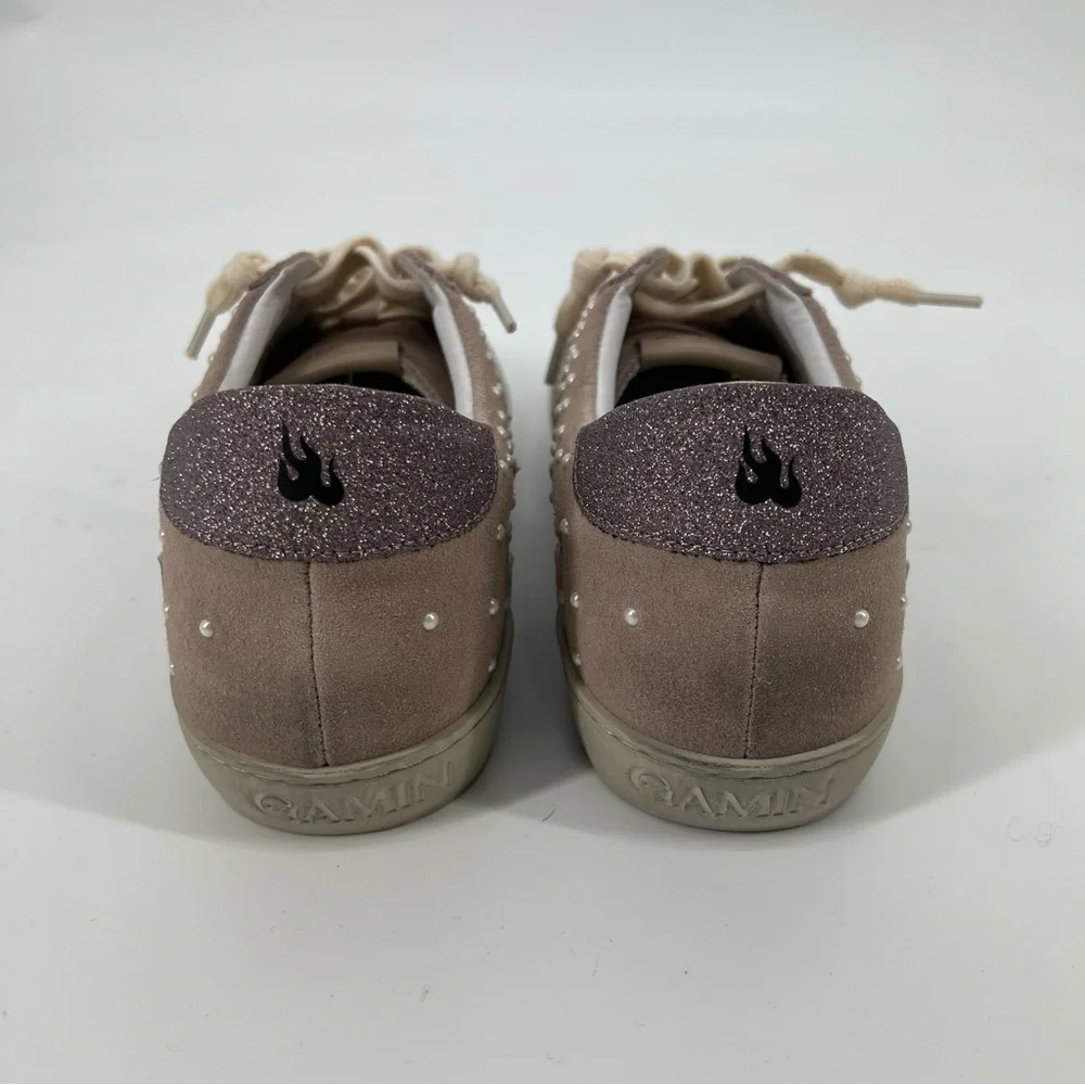 Bibi Lou Gamin Pearl Embroidered Suede Lace Up Designer Sneakers in Lilac 7